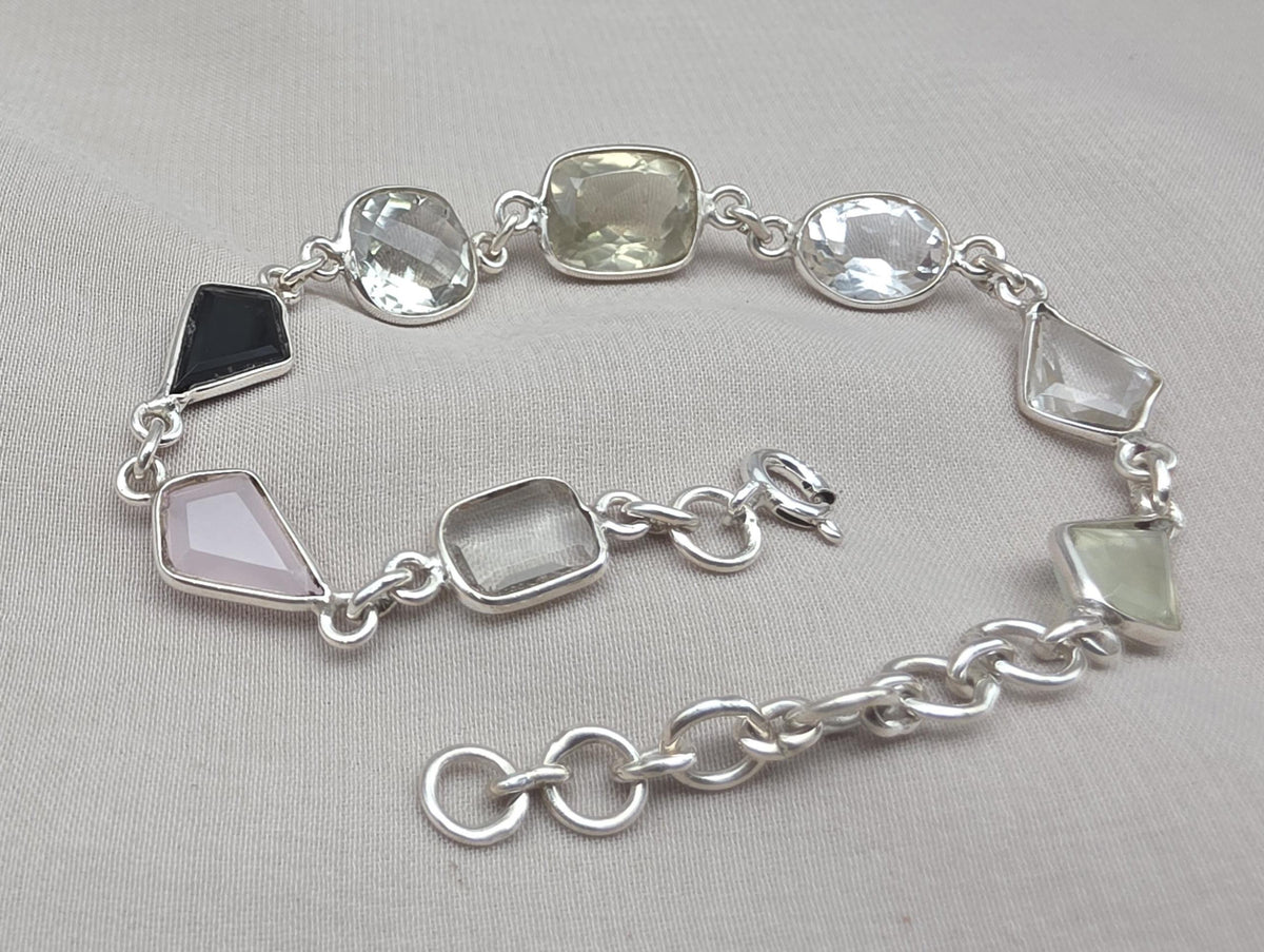 925 Sterling Silver Multi Gemstone Bracelet, Colorful Boho Link Jewelry Gift Her