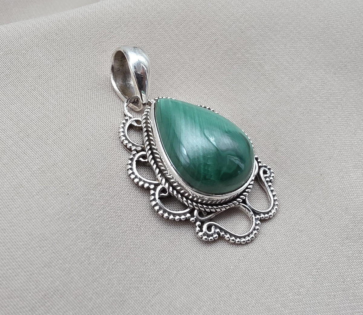 Teardrop Malachite Pendant: 925 Sterling Silver Healing Crystal Necklace