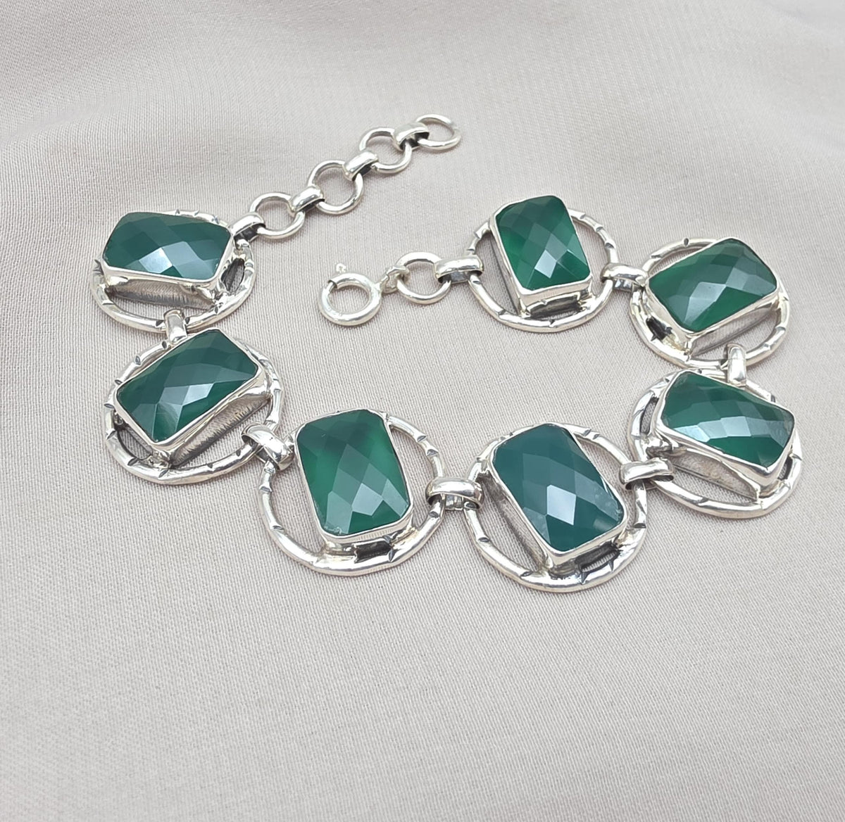 925 Sterling Silver Green Onyx Bracelet Bold Statement Gemstone Link Bracelet Gift for Her