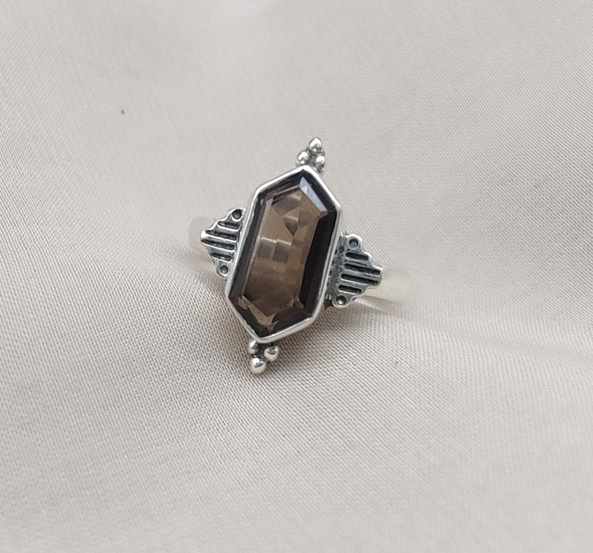 Smoky Quartz Sterling Silver Ring: Hexagon Gemstone, Boho Jewelry