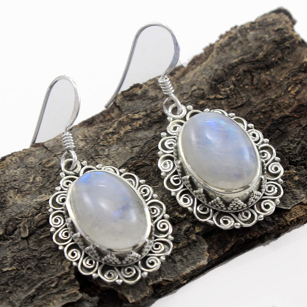 925 SOLID STERLING SILVER NATURAL RAINBOW MOONSTONE GEMSTONE HOOK EARRING