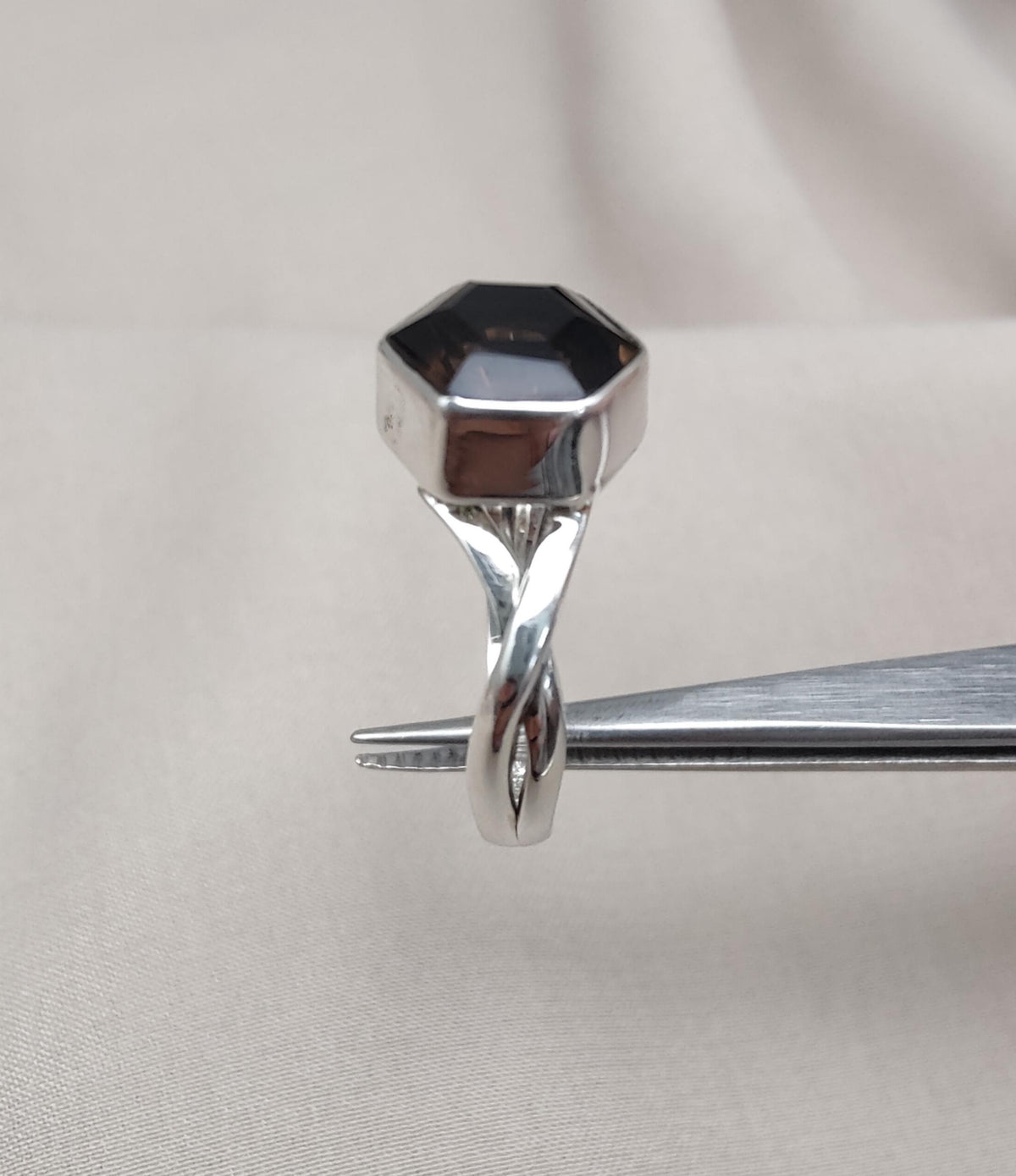 Smoky Quartz Hexagon Ring: 925 Sterling Silver Twisted Band