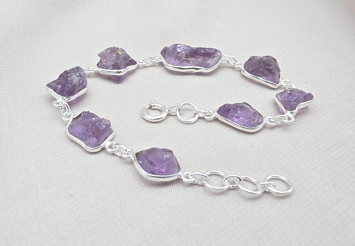Raw Amethyst 925 Sterling Silver Link Bracelet – Boho Gemstone Jewelry