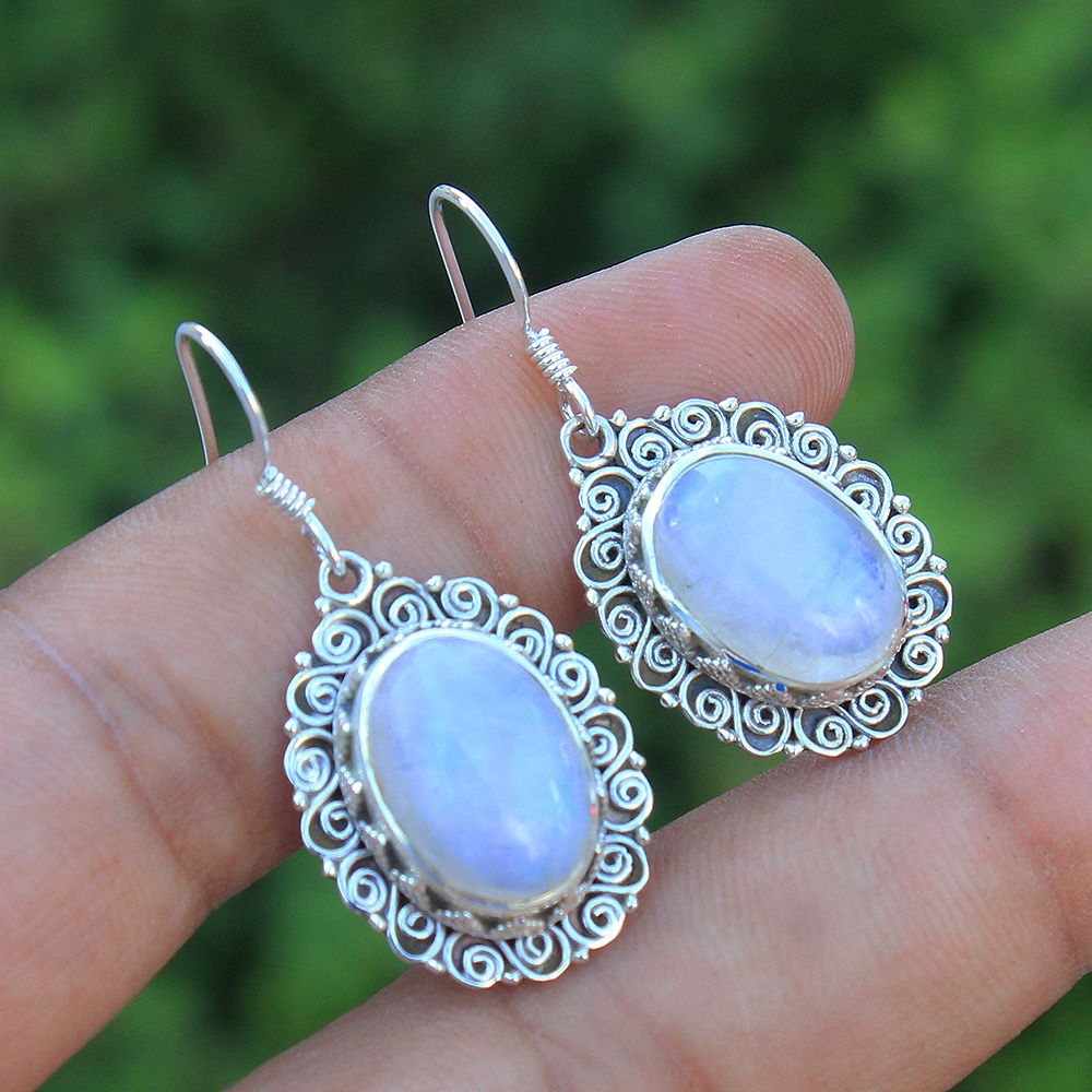 925 SOLID STERLING SILVER NATURAL RAINBOW MOONSTONE GEMSTONE HOOK EARRING