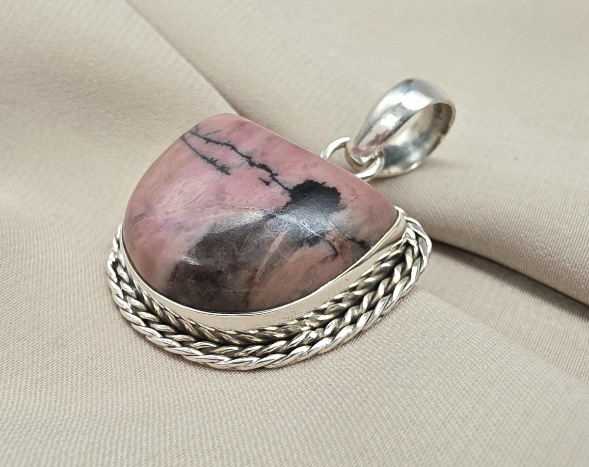Rhodonite Pendant 925 Sterling Silver Pink and Black Healing Stone Necklace Crystal Jewelry