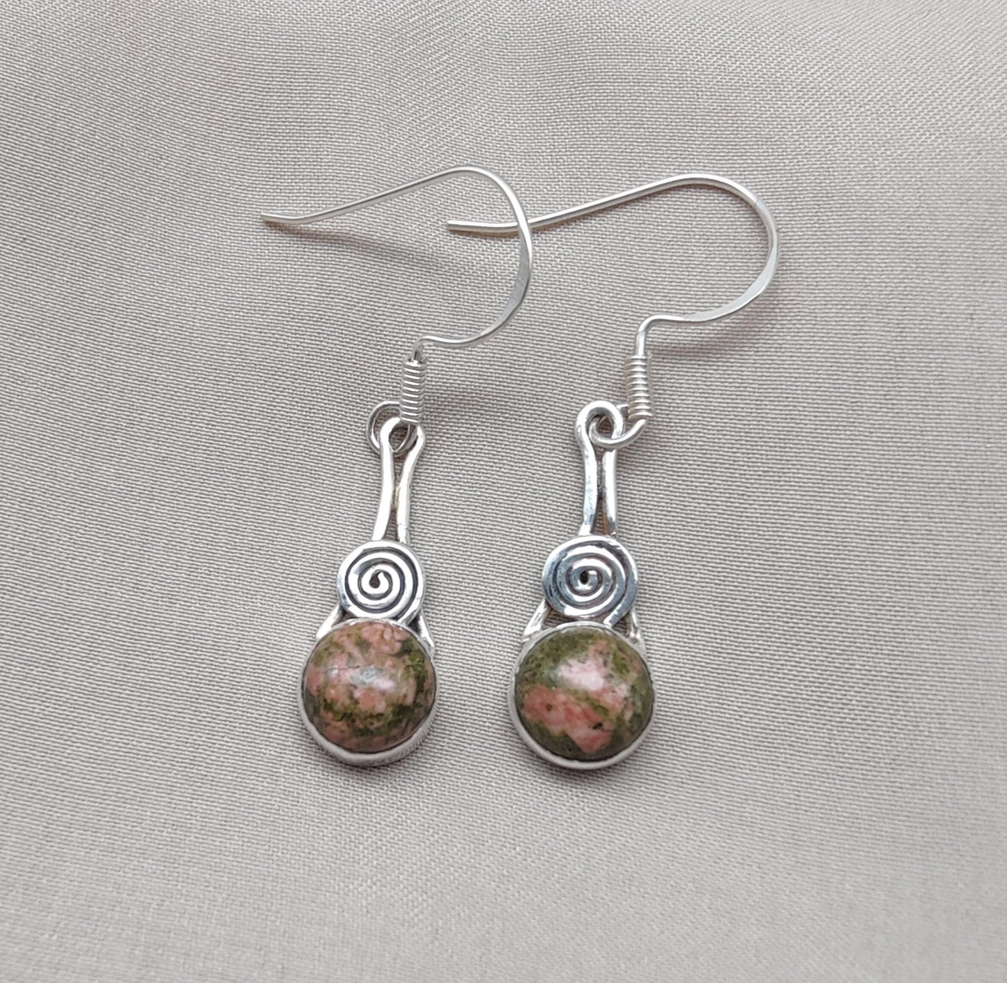 Unakite Dangle Earrings: 925 Sterling Silver, Boho Healing Stone