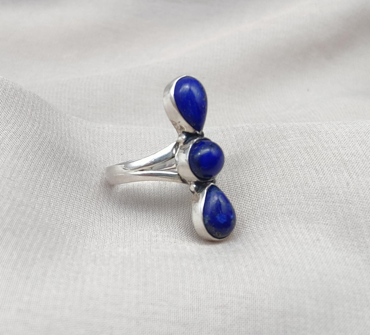 Lapis Lazuli Ring 925 Sterling Silver Triple Stone Boho Jewelry Antique Gift For Her