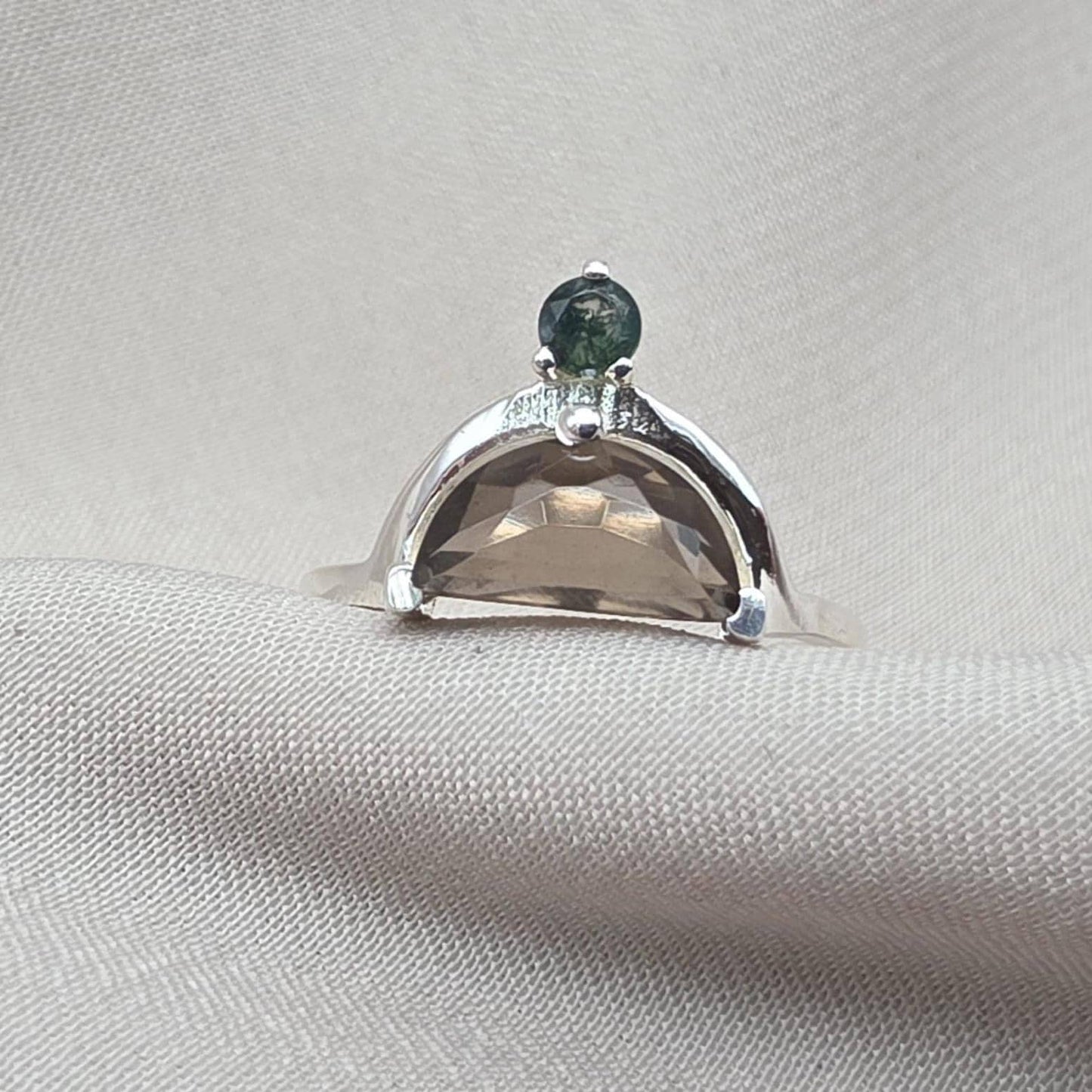Smoky Quartz Ring 925 Silver Dual Stone Moss Agate Statement Ring Half Moon Jewelry