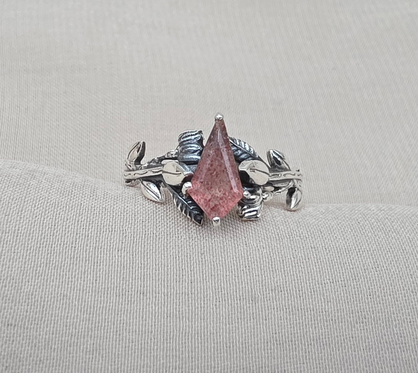 925 Sterling Silver Strawberry Quartz Ring Marquise Gemstone Leaf Ring Pink Quartz Boho Dainty Jewelry Gift for Her