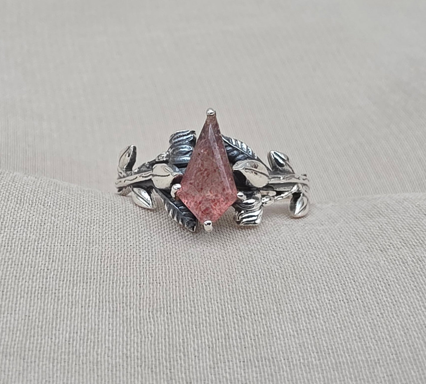925 Sterling Silver Strawberry Quartz Ring Marquise Gemstone Leaf Ring Pink Quartz Boho Dainty Jewelry Gift for Her