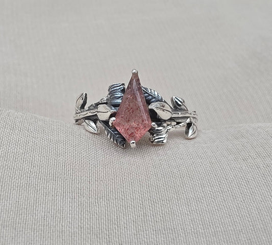 925 Sterling Silver Strawberry Quartz Ring Marquise Gemstone Leaf Ring Pink Quartz Boho Dainty Jewelry Gift for Her