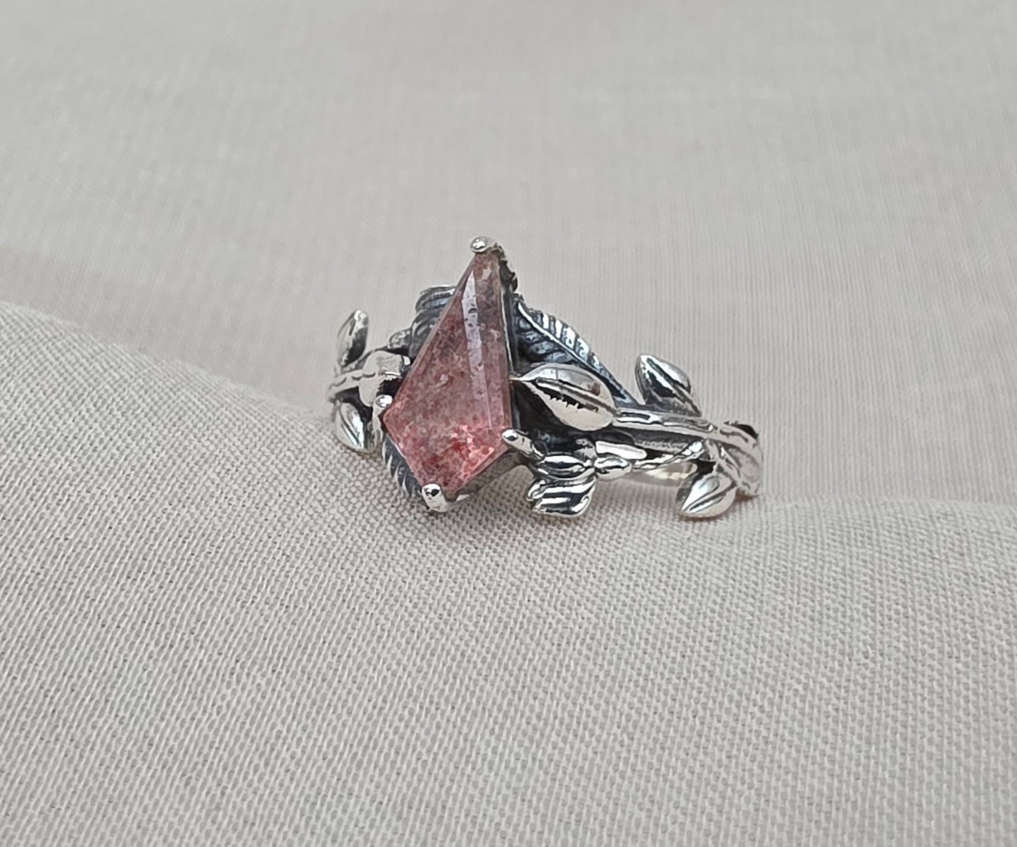 925 Sterling Silver Strawberry Quartz Ring Marquise Gemstone Leaf Ring Pink Quartz Boho Dainty Jewelry Gift for Her