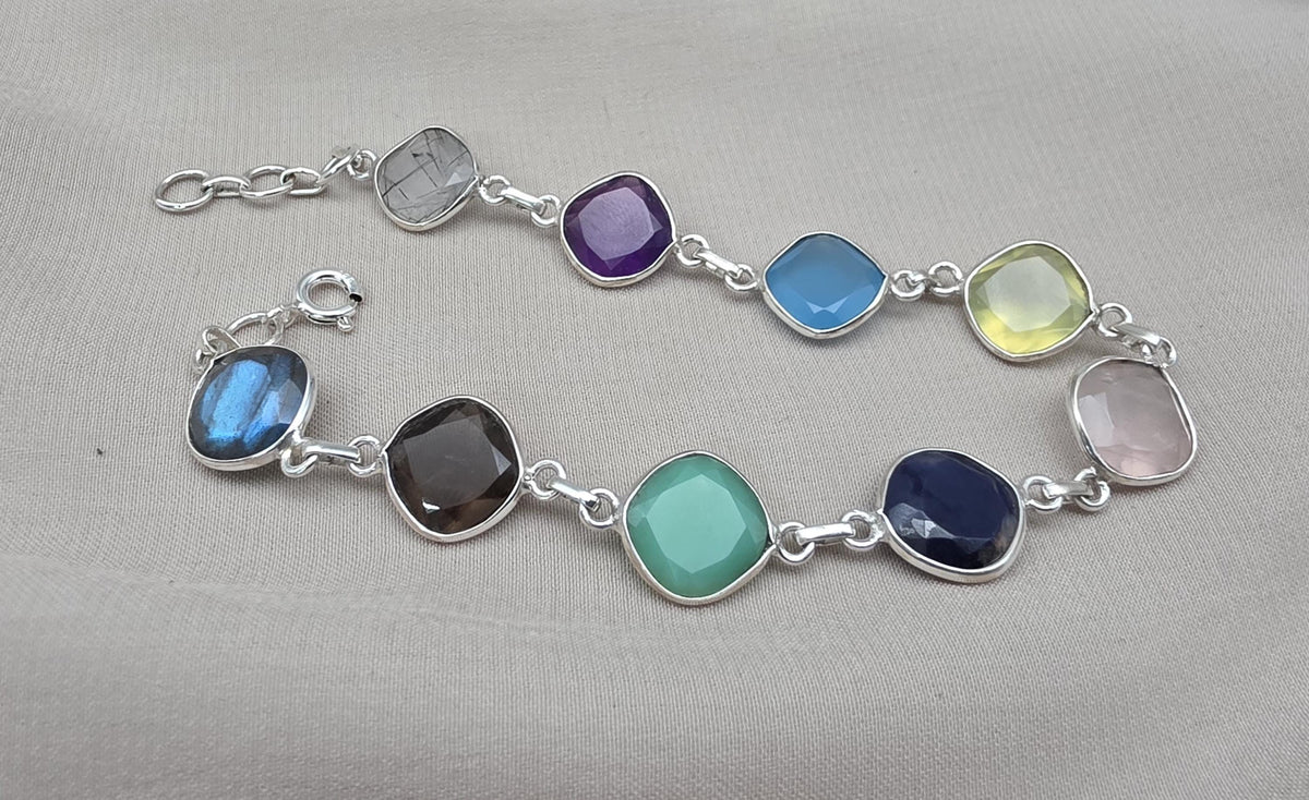 925 Sterling Silver Multi Stone Bracelet Natural Gemstone Cushion Link Jewelry
