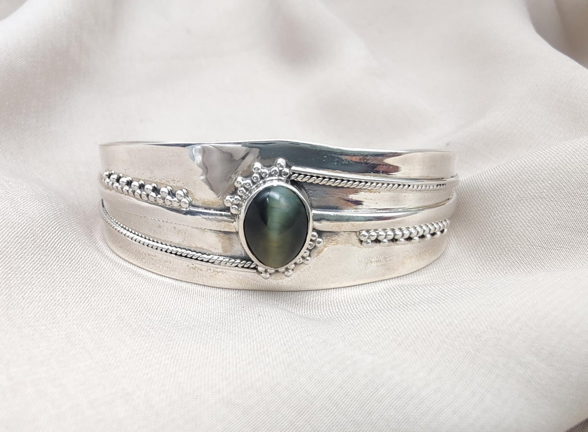 Cat's Eye Sterling Silver Cuff Bangle: Handmade Boho Jewelry