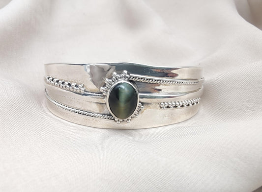 Cat's Eye Sterling Silver Cuff Bangle: Handmade Boho Jewelry