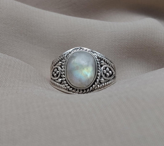 Rainbow Moonstone Ring: Oxidized 925 Sterling Silver, Boho Floral Design