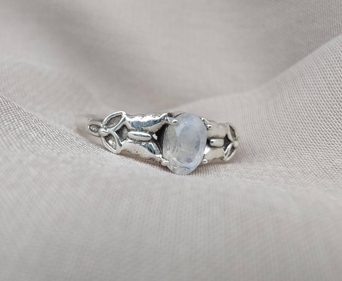 Rainbow Moonstone Goddess Ring: 925 Sterling Silver, Boho Spiritual Jewelry
