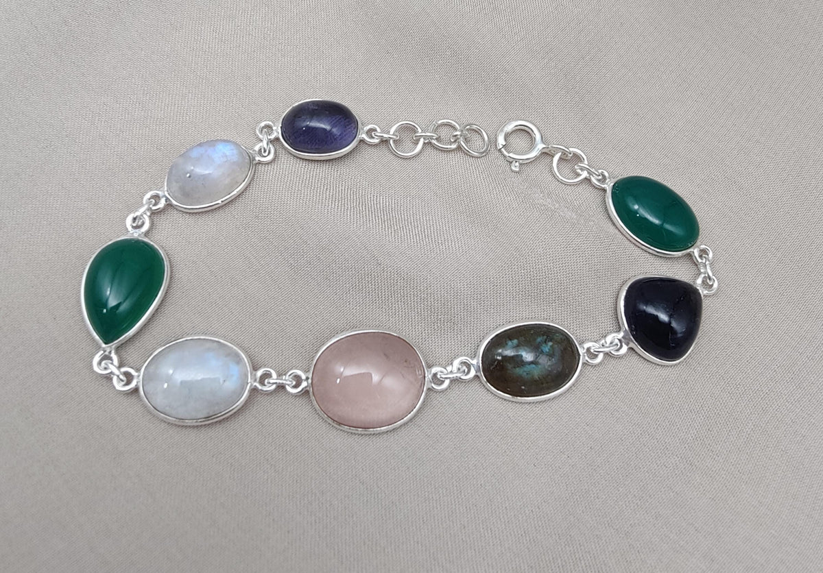 925 Sterling Silver Multi Gemstone Bracelet: Handmade Chakra Healing Crystal Jewelry