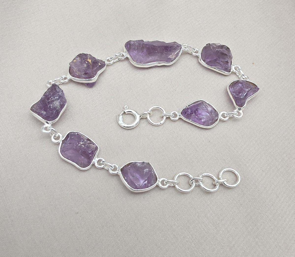 Raw Amethyst 925 Sterling Silver Link Bracelet – Boho Gemstone Jewelry
