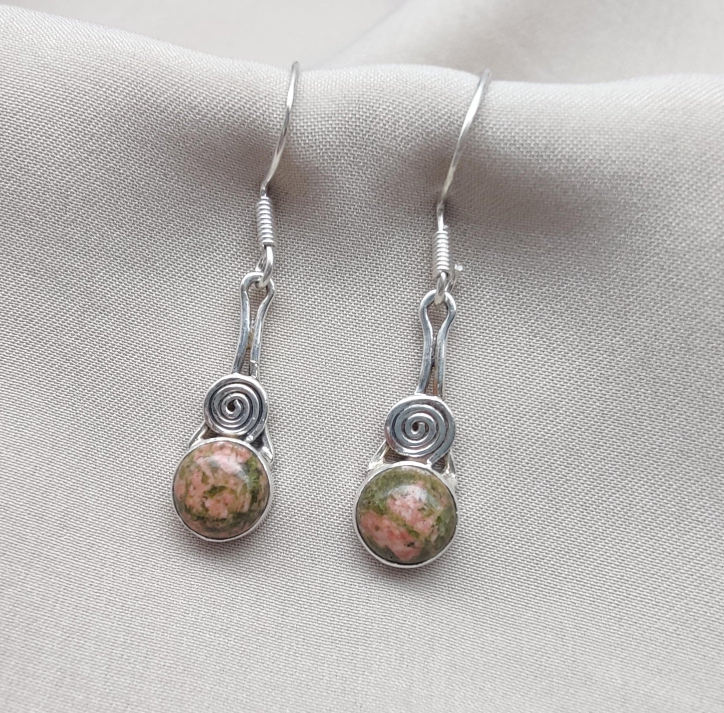 Unakite Dangle Earrings: 925 Sterling Silver, Boho Healing Stone
