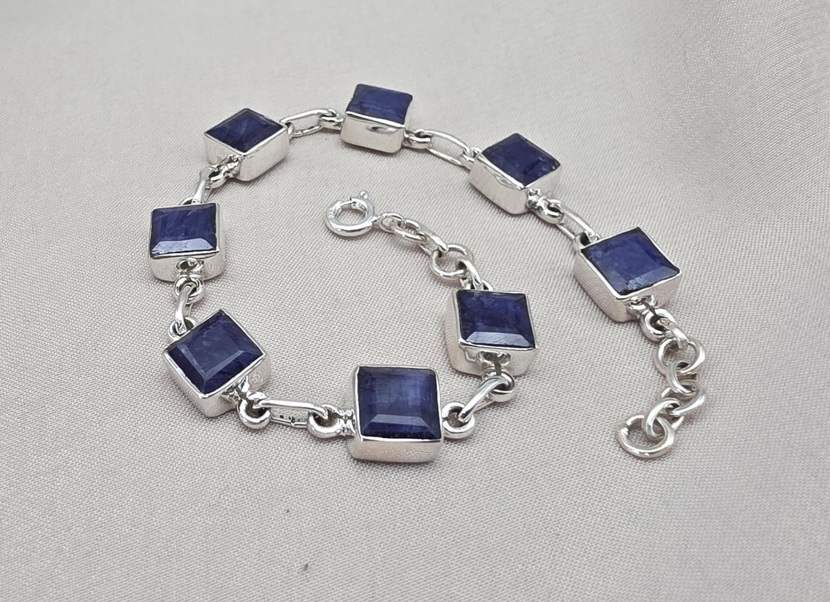 Blue Sapphire Cushion Link Bracelet 925 Sterling Silver Square Faceted Gemstone Bracelet Handmade Jewelry