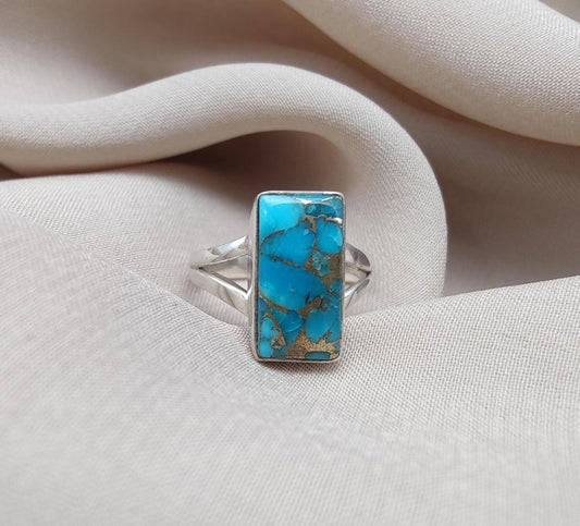 Blue Copper Turquoise 925 Sterling Silver Ring: Boho Gemstone Jewelry