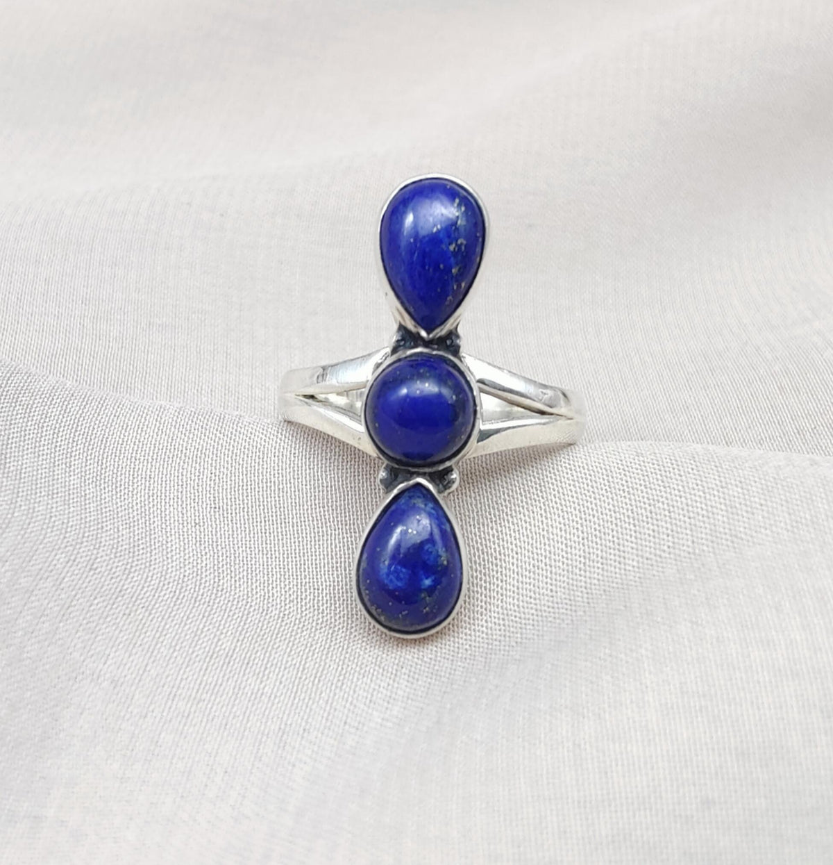 Lapis Lazuli Ring 925 Sterling Silver Triple Stone Boho Jewelry Antique Gift For Her