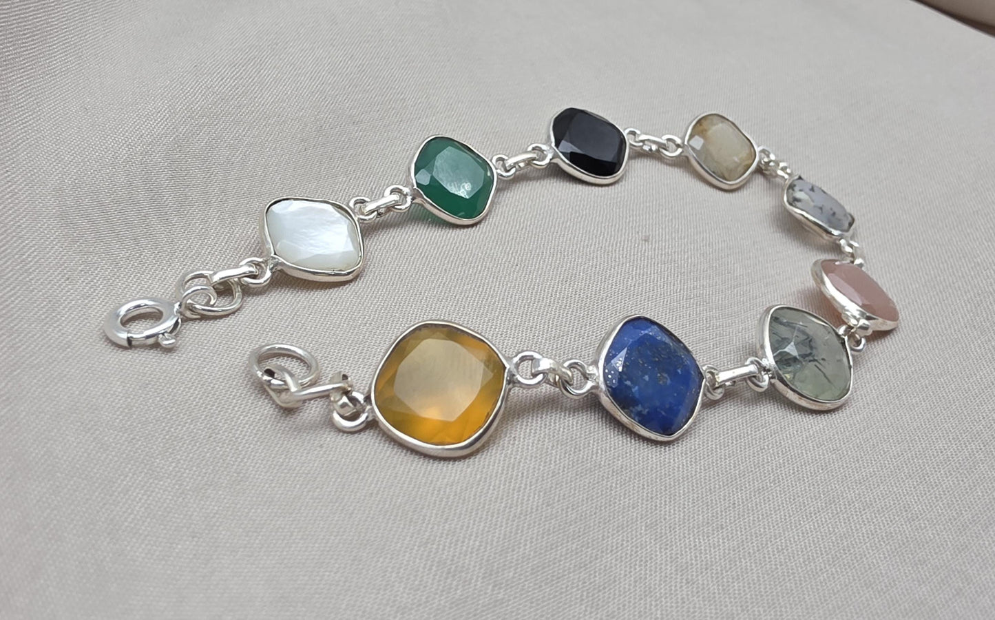 Multi Gemstone Bracelet 925 Sterling Silver Colorful Statement Bracelet