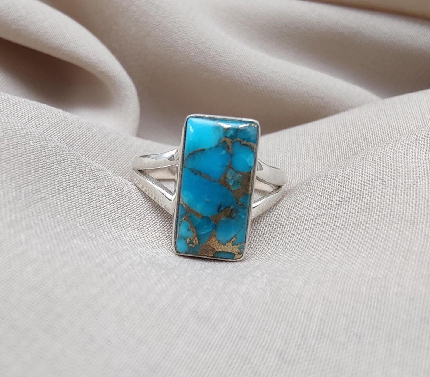 Blue Copper Turquoise 925 Sterling Silver Ring: Boho Gemstone Jewelry