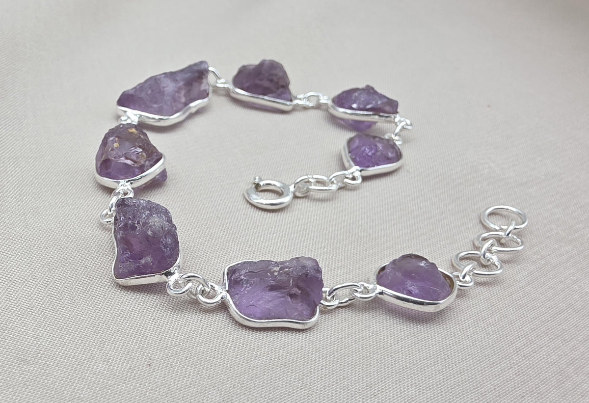 Raw Amethyst 925 Sterling Silver Link Bracelet – Boho Gemstone Jewelry