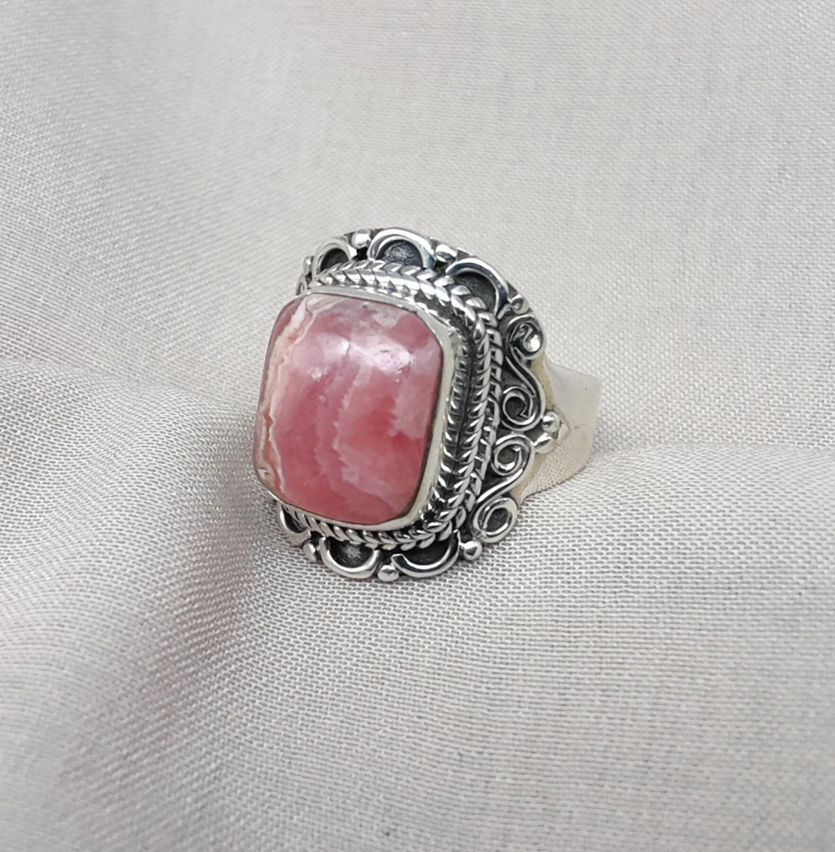 Handmade Rhodochrosite Sterling Silver Ring: Boho October Birthstone
