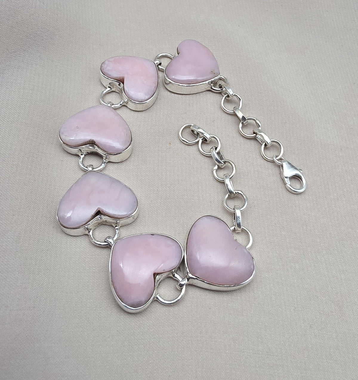 Pink Opal Heart Bracelet, 925 Sterling Silver, Handmade