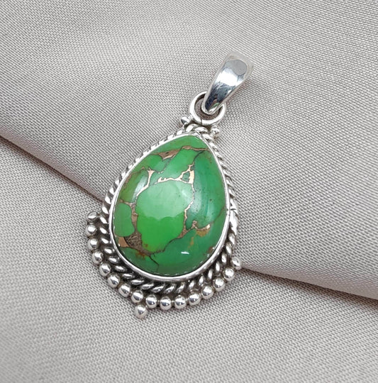 Green Copper Turquoise Pendant: Sterling Silver Boho Necklace