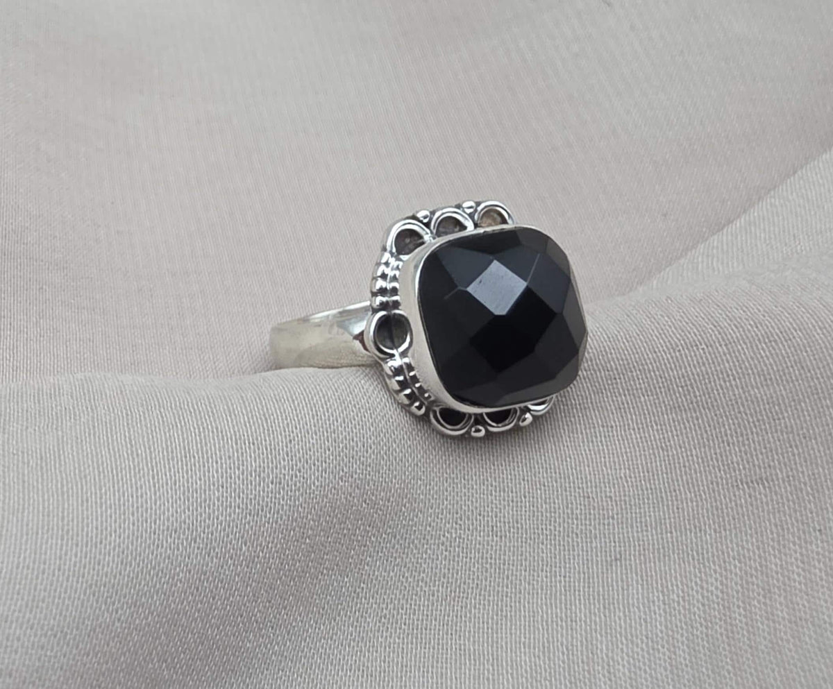 925 Sterling Silver Black Onyx Ring Cushion Cut Natural Gemstone Handmade Vintage Style Gift