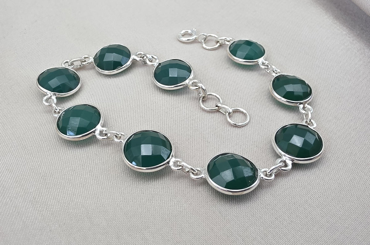 Green Onyx Bracelet 925 Sterling Silver Faceted Round Stone Link Bracelet Handmade Jewelry