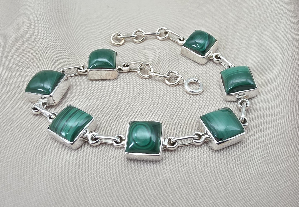 Malachite Bracelet 925 Sterling Silver Square Cabochon Link Bracelet Green Gemstone Handmade Jewelry Gift