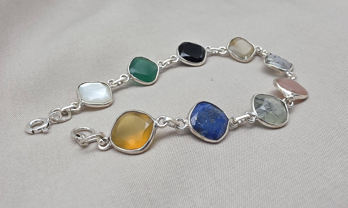Multi Gemstone Bracelet 925 Sterling Silver Colorful Statement Bracelet