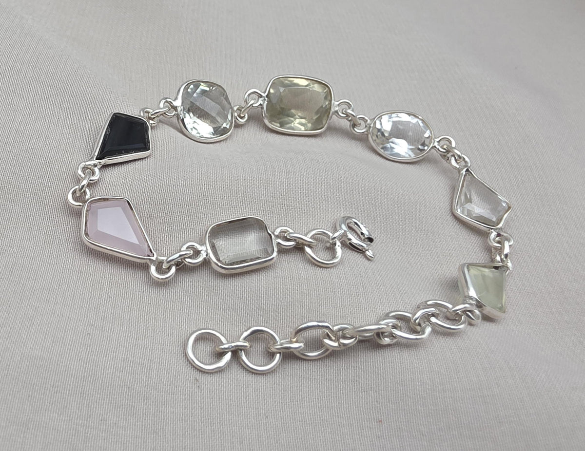 925 Sterling Silver Multi Gemstone Bracelet, Colorful Boho Link Jewelry Gift Her