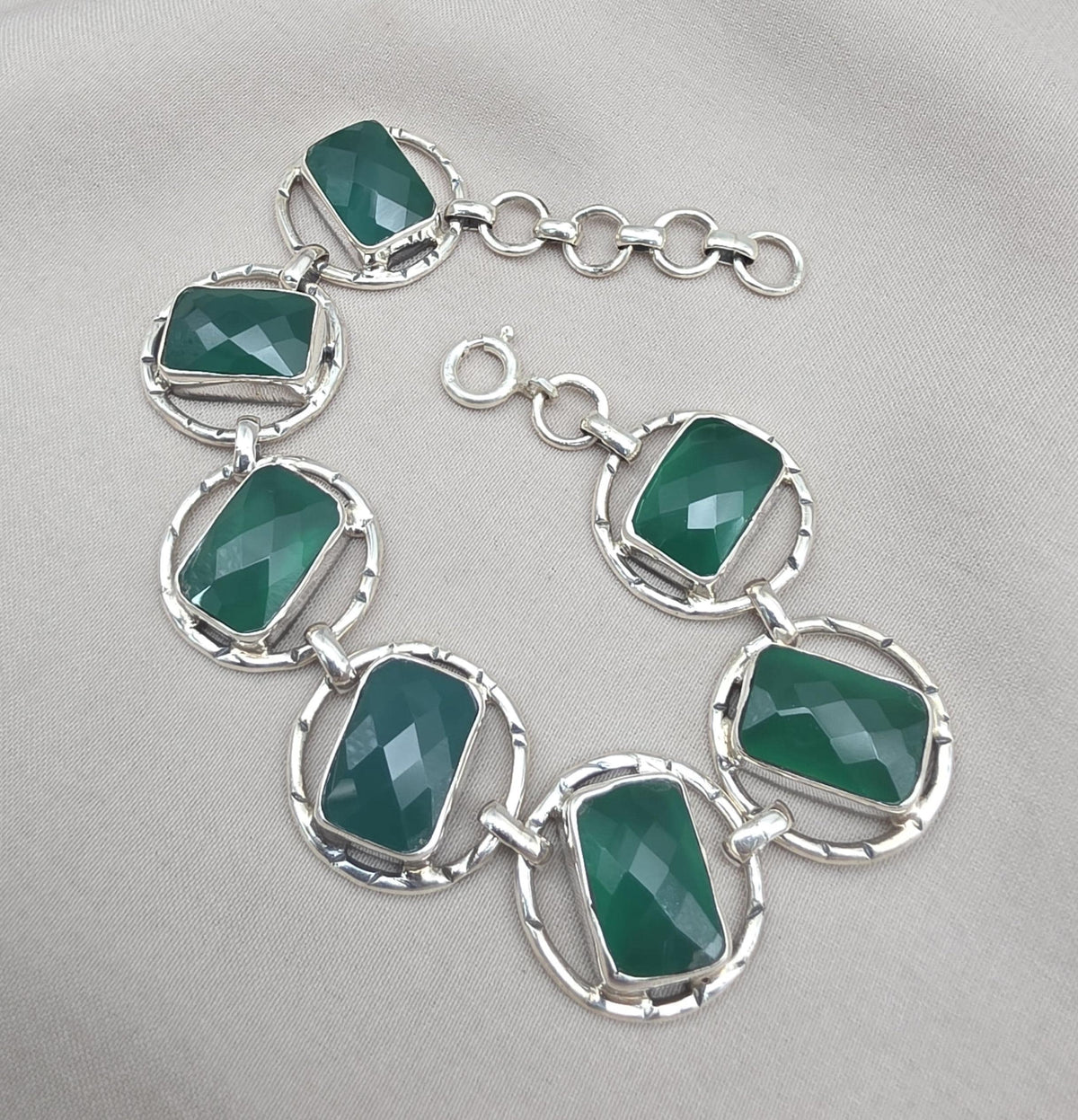 925 Sterling Silver Green Onyx Bracelet Bold Statement Gemstone Link Bracelet Gift for Her