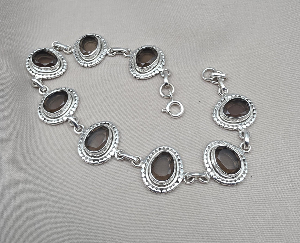 925 Sterling Silver Smoky Quartz Bracelet Natural Brown Oval Gemstone Handmade Jewelry