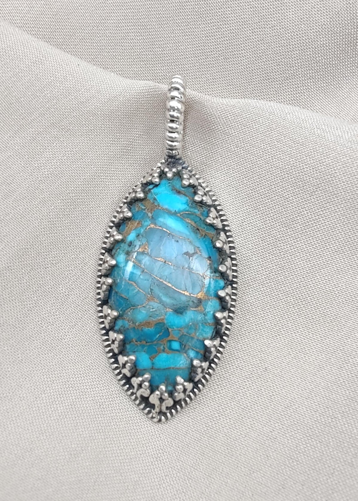 Blue Copper Turquoise Pendant: Sterling Silver Marquise Boho Necklace
