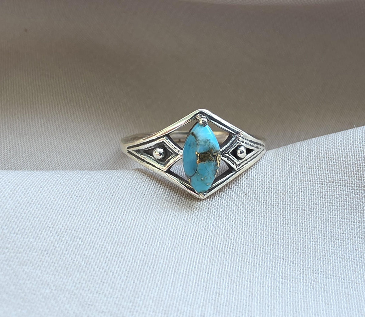 Blue Copper Turquoise Marquise Ring 925 Sterling Silver Statement Ring December Birthstone Gift
