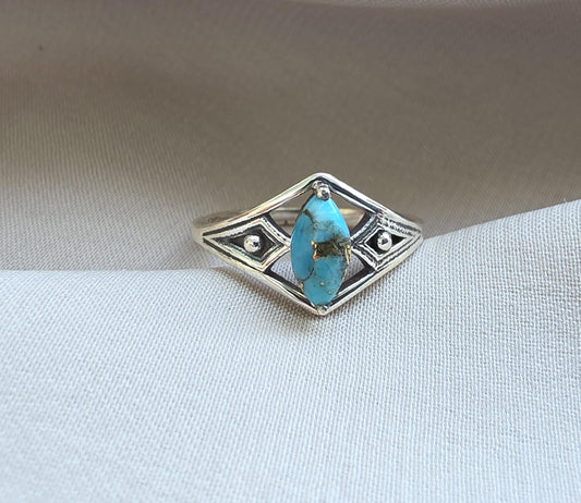 Blue Copper Turquoise Marquise Ring 925 Sterling Silver Statement Ring December Birthstone Gift