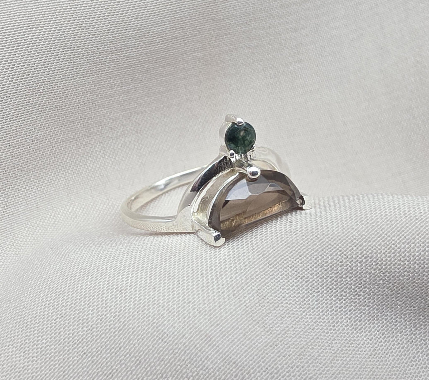 Smoky Quartz Ring 925 Silver Dual Stone Moss Agate Statement Ring Half Moon Jewelry
