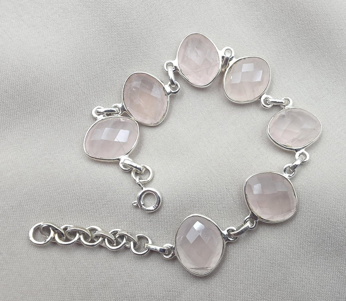 925 Sterling Silver Rose Quartz Natural Gemstone Link Bracelet Handmade Jewelry Gift for Her