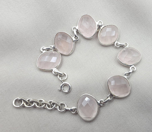 925 Sterling Silver Rose Quartz Natural Gemstone Link Bracelet Handmade Jewelry Gift for Her