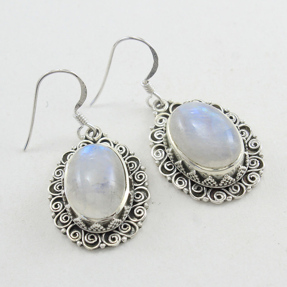 925 SOLID STERLING SILVER NATURAL RAINBOW MOONSTONE GEMSTONE HOOK EARRING