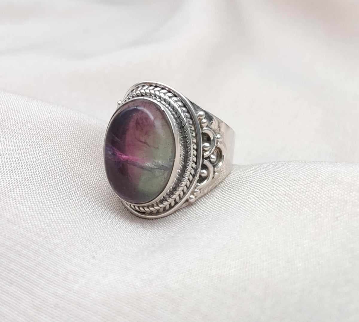 Rainbow Fluorite Ring: 925 Sterling Silver Boho Statement Jewelry