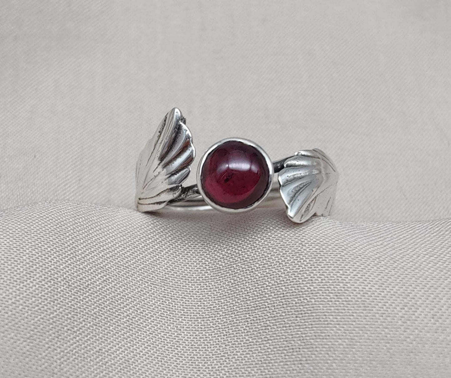 Red Garnet 925 Sterling Silver Ring – Adjustable Leaf Design, Natural Gemstone January Birthstone Jewelry