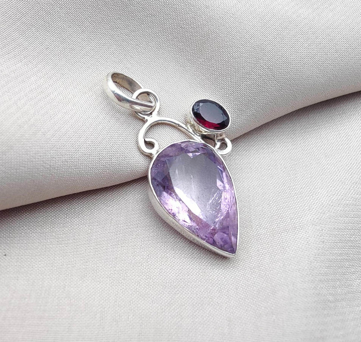 Amethyst Garnet Pendant: Teardrop Sterling Silver Gemstone Jewelry
